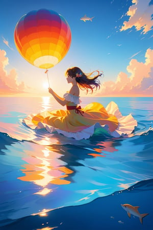 A girl gently floating on the ocean,colorful