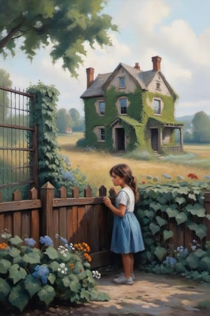 A girl nostalgically touching a rusted iron fence, feeling its rough texture, reminiscing about childhood memories, surrounded by overgrown ivy and wildflowers, a dilapidated house in the background,oilpainting,oil painting