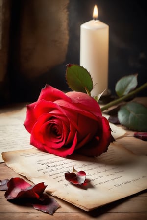 a red rose placed delicately on an antique love letter, petals slightly wilted, ink smudged on the paper, soft candlelight illuminating the scene, surrounded by old romantic novellas and dried rose petals, a feeling of lost love and nostalgia, captured in a vintage monochromatic photography style with a Canon EOS 5D Mark IV camera, 50mm lens, shallow depth of field, composition focused on the rose and the letter, evoking a sense of longing and bittersweet memories.,pretopasin