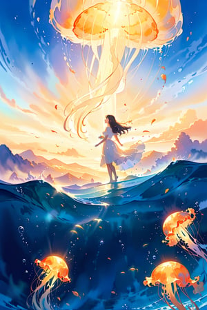 A girl gently floating on the ocean, wearing a flowing white dress that billows in the water, a school of shimmering jellyfish gliding past, distant islands on the horizon bathed in golden light, a mix of tranquility and wonder in her expression, captured in a dreamy and ethereal painting style,