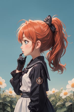 1girl, solo, blush, bangs, blue eyes, shirt, gloves, long sleeves, bow, white shirt, upper body, ponytail, flower, hair bow, outdoors, frills, parted lips, black gloves, hand up, sailor collar, orange hair, from side, black bow, profile, plant, white flower, black sailor collar,cute cartoon ,watercolor,portrait,nodf_lora,chibi