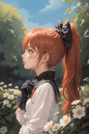 1girl, solo, blush, bangs, blue eyes, shirt, gloves, long sleeves, bow, white shirt, upper body, ponytail, flower, hair bow, outdoors, frills, parted lips, black gloves, hand up, sailor collar, orange hair, from side, black bow, profile, plant, white flower, black sailor collar,cute cartoon ,watercolor,portrait,nodf_lora