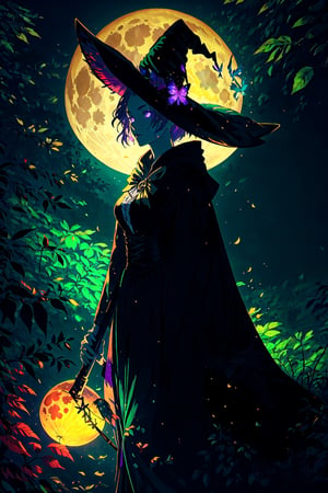A young witch gracefully soaring through a mystical forest on her enchanted broomstick, wearing a flowing black cloak, pointed hat, and holding a sparkling wand, surrounded by colorful autumn leaves and whimsical creatures, the forest filled with vibrant shades of green, orange, and purple, a full moon shining brightly overhead, emphasizing the witch’s silhouette against the moonlit sky, in a style similar to classic fairytale illustrations