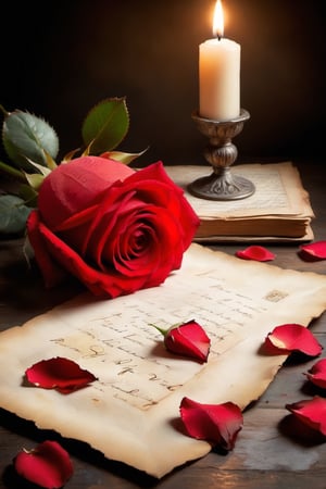a red rose placed delicately on an antique love letter, petals slightly wilted, ink smudged on the paper, soft candlelight illuminating the scene, surrounded by old romantic novellas and dried rose petals, a feeling of lost love and nostalgia, captured in a vintage monochromatic photography style with a Canon EOS 5D Mark IV camera, 50mm lens, shallow depth of field, composition focused on the rose and the letter, evoking a sense of longing and bittersweet memories.