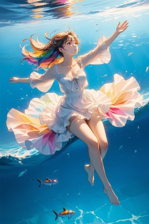A girl gently floating on the ocean,colorful