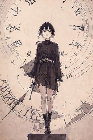 A girl standing on a flat giant clock, her gaze directed downward to check the current time. The clock's hands and numbers creating a unique platform, while soft light highlights the scene. Captured with a Leica M10, emphasizing the concept of time and the girl's connection to the oversized timepiece.