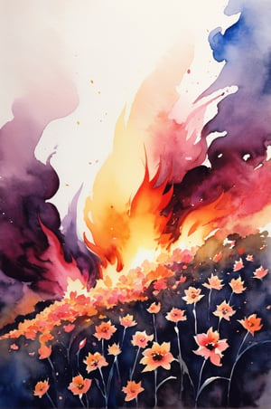 a match igniting a field of blooming flowers, flames dancing amidst vibrant petals, sparks illuminating the delicate petals, a surreal and magical scene, in a dreamlike painting style,watercolor,pretopasin