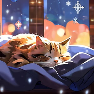 Fat Tabby Cat Sleeping, cute , (artwork), (masterpiece), (detailed eyes), (shading), (extremely detailed CG 8k unity wallpaper), (wit studio indirect lighting), (amazing drawn illustration), (best illustrative performance), night style, snowflake, cozy atmosphere,pixiv, fun, depth of field, illumination background, reflections, holograms,sky, inside sparking, extremely realistic, and comprehensive,sticky feeling light in the movie, background reflection Realistic style, photo r3al,Land Of Boo,Glass,Clear glass,more saturation ,shards,ral-chrcrts,Xxmix_Catecat,Modern bedroom,treehouse,lofi