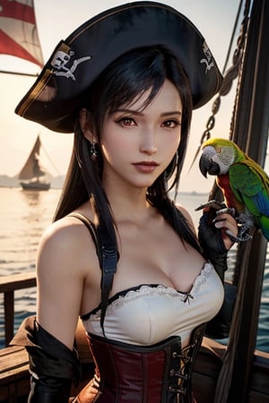 A masterpiece portrait of Tifa Lockhart, dressed in a pirate dress with a lace bustier corset and black tricorn hat. She stands alone on the deck of a pirate ship, with a skull pirate flag waving in the background. ((A parrot perches on her shoulder 1.2)), adding a pop of color to the scene. Her dark makeup accentuates her striking features, including her bold dark red eyes, perfectly contoured lips, and radiant complexion. The sunlight casts a warm glow, illuminating every detail of her face, hair, and jewelry. The camera captures her solo presence with a Canon EOS 5D, framing her fierce femininity and undeniable charisma in a single shot.