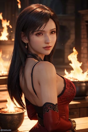 Tifa Lockhart's breathtakingly beautiful face, with exacting features and a fiery gaze, shines like a masterpiece. Her long, flowing red locks (1.2 meters) cascade down her back, as flames dance in the background, casting a warm glow. The dark red lace dress (black-red) is adorned with intricate details, accentuating her perfect physique. Her eyes gleam like embers, surrounded by dramatic dark red makeup. As she stands solo, her radiant complexion and fierce femininity radiate from every pore. Exquisite jewelry adorns her upper body, which is partially visible, as a flame burns brightly in her hand. Her fiery tresses ablaze, Tifa's stunning beauty is captured in high-resolution glory (16k), with dynamic lighting that seems to pulse with her very essence.