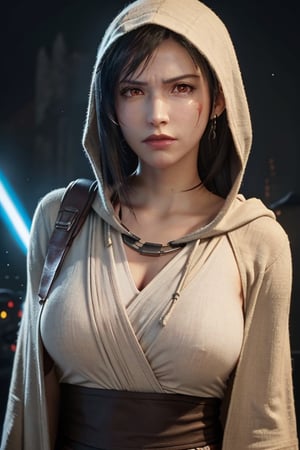 Exact Tifa Lockhart face, exactly looking like Tifa Lockhart, Realistic face of Tifa Lockhart, ((dressed with brown Jedi hood linen tunic with sleeves 1.3)), (hood on head), (frown 1.3), dark look, ((evil look 1.2)), (((very enormous scar cut visible across the eye 1.3))), ((Star Wars univers 1.2)), dark makeup, very sunny, solo, perfect body, realistic, blurry, dark red eyes, ((masterpiece)), detailed face, detailed êtes, detailed hair, 1girl, solo, undeniable charisma, radiant complexion, fierce femininity, exquisite jewelry, striking contrast of colors, Canon EOS 5D, ((Jedi outfit)), red lightsaber, no strap, very mean facial expression, night, (((angry face))), scarface