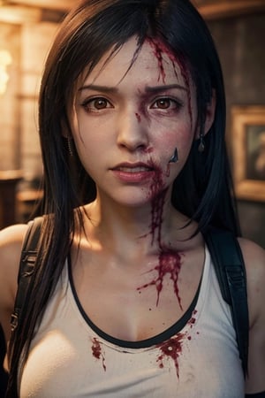 Exact Tifa Lockhart face like a zombie, exactly looking like Tifa Lockhart, Realistic face of Tifa Lockhart as a zombie, bloody face, rotten face damaged face, rotten teeth, white eyes, empty look, dirty hair, torn clothes, very detailed zombie face, apocalypse universe, solo, long hair, perfect body, looking at viewer, realistic, blurry, ((masterpiece)), 1girl, solo, striking contrast of colors, Canon EOS 5D, ((zombie dead face))