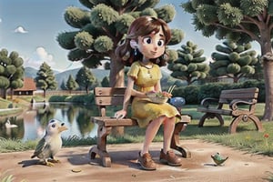 masterpiece, best quality,sitting on park bench feeding birds in a yellow dress at a park