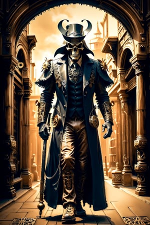 Imagine the Grim Reaper transformed into a Steampunk icon. He dons a dark, leather trench coat adorned with brass gears and intricate clockwork designs. His eyes glint from behind a pair of vintage, round goggles, their lenses tinted a haunting shade of green. On his head rests a tall, brown top hat decorated with feathers and small mechanical contraptions that whir softly. He wields a staff, its handle fashioned from polished wood, topped with a raven skull encased in a brass frame. A complex array of gears and pipes snake around his skeletal frame, hissing steam and glowing faintly in the dim, gas-lit ambiance. The backdrop is a misty, cobblestone alleyway, lined with old brick buildings and cast-iron lampposts. Ravens, mechanical and real, perch on the ledges, their eyes glimmering with an eerie intelligence. The entire scene is bathed in a sepia tone, evoking a sense of both ancient mystery and futuristic wonder.,LegendDarkFantasy,realistic