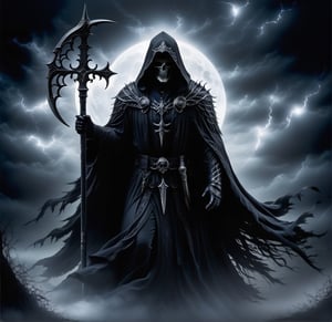 Imagine the Grim Reaper cloaked in Gothic elegance, embodying a sense of dark romance and haunting beauty. He wears a long, flowing black robe adorned with intricate lace and silver embroidery, the fabric shimmering faintly in the moonlight. His skeletal frame is partially obscured by the cascading layers of the robe, which trails behind him as he moves with a ghostly grace. His hood is deep and shadowy, concealing his face except for the glint of his hollow, piercing eyes.

In one hand, he carries an ornate scythe with a handle wrought from dark, polished wood, its blade etched with ancient runes and glinting with an otherworldly sheen. His other hand is adorned with delicate, silver rings and claw-like nails, each movement exuding an eerie elegance. The background is a desolate, moonlit graveyard, filled with weathered tombstones and twisted, gnarled trees. A misty fog swirls around his feet, adding to the chilling atmosphere.

Perched on his shoulders and hovering nearby are ravens, their black feathers blending seamlessly with the night. Their eyes glow with a mysterious light, reflecting the Grim Reaper’s eternal knowledge. The entire scene is bathed in a pale, silvery light, creating stark contrasts and deep shadows that enhance the Gothic ambiance. The Grim Reaper stands as a timeless sentinel, a figure of both dread and melancholy beauty, embodying the essence of the Gothic style.,DonMB4nsh33XL 