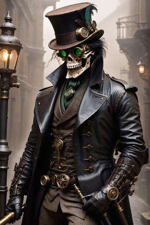 Imagine the Grim Reaper transformed into a Steampunk icon. He dons a dark, leather trench coat adorned with brass gears and intricate clockwork designs. His eyes glint from behind a pair of vintage, round goggles, their lenses tinted a haunting shade of green. On his head rests a tall, brown top hat decorated with feathers and small mechanical contraptions that whir softly. He wields a staff, its handle fashioned from polished wood, topped with a raven skull encased in a brass frame. A complex array of gears and pipes snake around his skeletal frame, hissing steam and glowing faintly in the dim, gas-lit ambiance. The backdrop is a misty, cobblestone alleyway, lined with old brick buildings and cast-iron lampposts. Ravens, mechanical and real, perch on the ledges, their eyes glimmering with an eerie intelligence. The entire scene is bathed in a sepia tone, evoking a sense of both ancient mystery and futuristic wonder.