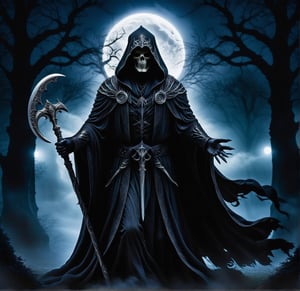 Imagine the Grim Reaper cloaked in Gothic elegance, embodying a sense of dark romance and haunting beauty. He wears a long, flowing black robe adorned with intricate lace and silver embroidery, the fabric shimmering faintly in the moonlight. His skeletal frame is partially obscured by the cascading layers of the robe, which trails behind him as he moves with a ghostly grace. His hood is deep and shadowy, concealing his face except for the glint of his hollow, piercing eyes.

In one hand, he carries an ornate scythe with a handle wrought from dark, polished wood, its blade etched with ancient runes and glinting with an otherworldly sheen. His other hand is adorned with delicate, silver rings and claw-like nails, each movement exuding an eerie elegance. The background is a desolate, moonlit graveyard, filled with weathered tombstones and twisted, gnarled trees. A misty fog swirls around his feet, adding to the chilling atmosphere.

Perched on his shoulders and hovering nearby are ravens, their black feathers blending seamlessly with the night. Their eyes glow with a mysterious light, reflecting the Grim Reaper’s eternal knowledge. The entire scene is bathed in a pale, silvery light, creating stark contrasts and deep shadows that enhance the Gothic ambiance. The Grim Reaper stands as a timeless sentinel, a figure of both dread and melancholy beauty, embodying the essence of the Gothic style.,DonMB4nsh33XL 