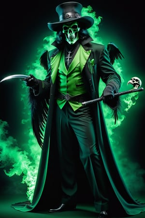 Grim Reaper as a pimp form 1970’s wearing a zoot suit style outfit, Black and Green outfit, Dynamic Pose, simple-background, HD resolution, Insane detail, hyper realism, Dramatic lighting, Grim Reaper Inspired, holding a raven skull head Cain, wearing a black Feathery pimp hat, Ravens incorporated, Ravens within the art photo,