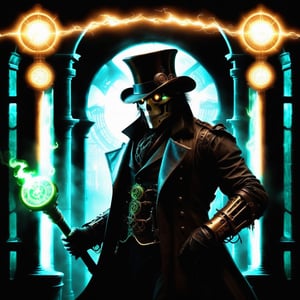 Imagine the Grim Reaper transformed into a Steampunk icon. He dons a dark, leather trench coat adorned with brass gears and intricate clockwork designs. His eyes glint from behind a pair of vintage, round goggles, their lenses tinted a haunting shade of green. On his head rests a tall, brown top hat decorated with feathers and small mechanical contraptions that whir softly. He wields a staff, its handle fashioned from polished wood, topped with a raven skull encased in a brass frame. A complex array of gears and pipes snake around his skeletal frame, hissing steam and glowing faintly in the dim, gas-lit ambiance. The backdrop is a misty, cobblestone alleyway, lined with old brick buildings and cast-iron lampposts. Ravens, mechanical and real, perch on the ledges, their eyes glimmering with an eerie intelligence. The entire scene is bathed in a sepia tone, evoking a sense of both ancient mystery and futuristic wonder.,LegendDarkFantasy