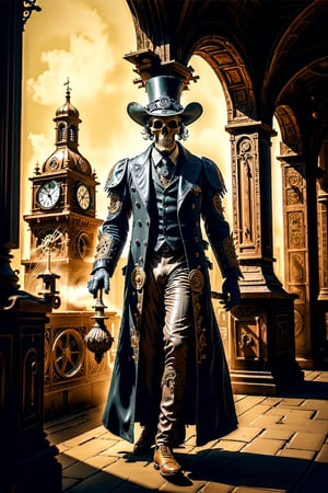 Imagine the Grim Reaper transformed into a Steampunk icon. He dons a dark, leather trench coat adorned with brass gears and intricate clockwork designs. His eyes glint from behind a pair of vintage, round goggles, their lenses tinted a haunting shade of green. On his head rests a tall, brown top hat decorated with feathers and small mechanical contraptions that whir softly. He wields a staff, its handle fashioned from polished wood, topped with a raven skull encased in a brass frame. A complex array of gears and pipes snake around his skeletal frame, hissing steam and glowing faintly in the dim, gas-lit ambiance. The backdrop is a misty, cobblestone alleyway, lined with old brick buildings and cast-iron lampposts. Ravens, mechanical and real, perch on the ledges, their eyes glimmering with an eerie intelligence. The entire scene is bathed in a sepia tone, evoking a sense of both ancient mystery and futuristic wonder.,LegendDarkFantasy,realistic