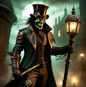 Imagine the Grim Reaper transformed into a Steampunk icon. He dons a dark, leather trench coat adorned with brass gears and intricate clockwork designs. His eyes glint from behind a pair of vintage, round goggles, their lenses tinted a haunting shade of green. On his head rests a tall, brown top hat decorated with feathers and small mechanical contraptions that whir softly. He wields a staff, its handle fashioned from polished wood, topped with a raven skull encased in a brass frame. A complex array of gears and pipes snake around his skeletal frame, hissing steam and glowing faintly in the dim, gas-lit ambiance. The backdrop is a misty, cobblestone alleyway, lined with old brick buildings and cast-iron lampposts. Ravens, mechanical and real, perch on the ledges, their eyes glimmering with an eerie intelligence. The entire scene is bathed in a sepia tone, evoking a sense of both ancient mystery and futuristic wonder.,LegendDarkFantasy