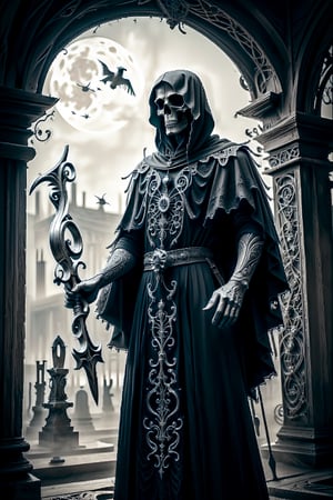 Imagine the Grim Reaper cloaked in Gothic elegance, embodying a sense of dark romance and haunting beauty. He wears a long, flowing black robe adorned with intricate lace and silver embroidery, the fabric shimmering faintly in the moonlight. His skeletal frame is partially obscured by the cascading layers of the robe, which trails behind him as he moves with a ghostly grace. His hood is deep and shadowy, concealing his face except for the glint of his hollow, piercing eyes.

In one hand, he carries an ornate scythe with a handle wrought from dark, polished wood, its blade etched with ancient runes and glinting with an otherworldly sheen. His other hand is adorned with delicate, silver rings and claw-like nails, each movement exuding an eerie elegance. The background is a desolate, moonlit graveyard, filled with weathered tombstones and twisted, gnarled trees. A misty fog swirls around his feet, adding to the chilling atmosphere.

Perched on his shoulders and hovering nearby are ravens, their black feathers blending seamlessly with the night. Their eyes glow with a mysterious light, reflecting the Grim Reaper’s eternal knowledge. The entire scene is bathed in a pale, silvery light, creating stark contrasts and deep shadows that enhance the Gothic ambiance. The Grim Reaper stands as a timeless sentinel, a figure of both dread and melancholy beauty, embodying the essence of the Gothic style.,DonMB4nsh33XL