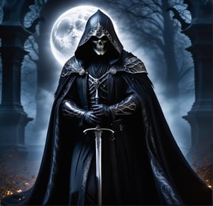 Imagine the Grim Reaper cloaked in Gothic elegance, embodying a sense of dark romance and haunting beauty. He wears a long, flowing black robe adorned with intricate lace and silver embroidery, the fabric shimmering faintly in the moonlight. His skeletal frame is partially obscured by the cascading layers of the robe, which trails behind him as he moves with a ghostly grace. His hood is deep and shadowy, concealing his face except for the glint of his hollow, piercing eyes.

In one hand, he carries an ornate scythe with a handle wrought from dark, polished wood, its blade etched with ancient runes and glinting with an otherworldly sheen. His other hand is adorned with delicate, silver rings and claw-like nails, each movement exuding an eerie elegance. The background is a desolate, moonlit graveyard, filled with weathered tombstones and twisted, gnarled trees. A misty fog swirls around his feet, adding to the chilling atmosphere.

Perched on his shoulders and hovering nearby are ravens, their black feathers blending seamlessly with the night. Their eyes glow with a mysterious light, reflecting the Grim Reaper’s eternal knowledge. The entire scene is bathed in a pale, silvery light, creating stark contrasts and deep shadows that enhance the Gothic ambiance. The Grim Reaper stands as a timeless sentinel, a figure of both dread and melancholy beauty, embodying the essence of the Gothic style.,DonMB4nsh33XL ,samurai