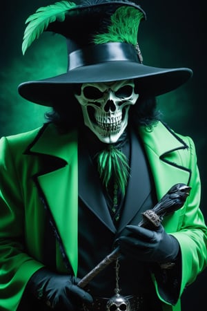 Grim Reaper as a pimp form 1970’s wearing a zoot suit style outfit, Black and Green outfit, Dynamic Pose, simple-background, HD resolution, Insane detail, hyper realism, Dramatic lighting, Grim Reaper Inspired, holding a raven skull head Cain, wearing a black Feathery pimp hat, Ravens incorporated, Ravens within the art photo,