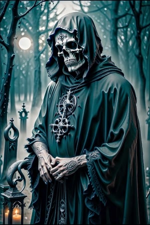 Imagine the Grim Reaper cloaked in Gothic elegance, embodying a sense of dark romance and haunting beauty. He wears a long, flowing black robe adorned with intricate lace and silver embroidery, the fabric shimmering faintly in the moonlight. His skeletal frame is partially obscured by the cascading layers of the robe, which trails behind him as he moves with a ghostly grace. His hood is deep and shadowy, concealing his face except for the glint of his hollow, piercing eyes.

In one hand, he carries an ornate scythe with a handle wrought from dark, polished wood, its blade etched with ancient runes and glinting with an otherworldly sheen. His other hand is adorned with delicate, silver rings and claw-like nails, each movement exuding an eerie elegance. The background is a desolate, moonlit graveyard, filled with weathered tombstones and twisted, gnarled trees. A misty fog swirls around his feet, adding to the chilling atmosphere.

Perched on his shoulders and hovering nearby are ravens, their black feathers blending seamlessly with the night. Their eyes glow with a mysterious light, reflecting the Grim Reaper’s eternal knowledge. The entire scene is bathed in a pale, silvery light, creating stark contrasts and deep shadows that enhance the Gothic ambiance. The Grim Reaper stands as a timeless sentinel, a figure of both dread and melancholy beauty, embodying the essence of the Gothic style.,DonMB4nsh33XL