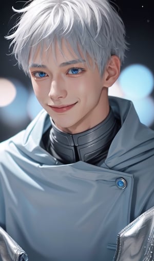 1boy, young male, silver hair, comma hair style, charming face, ice blue light eyes, sweet smile, wearing black neck covered jacket, detailed, highly complex, ultra detailed, 300dpi, 8k,satoru gojo