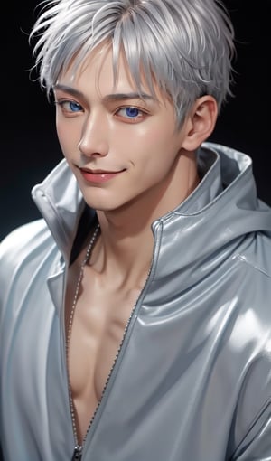 1boy, young male, silver hair, comma hair style, charming face, ice blue light eyes, sweet smile, wearing black neck covered jacket, detailed, highly complex, ultra detailed, 300dpi, 8k,satoru gojo,Man