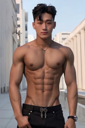 middle body shot, 1boy, model face, black eyes, twink body, Shirtless , 18 years old, model face ,photorealistic ,YOUNGMAN, Idol, younger body,Corean guy, sunny background