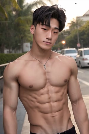 middle body shot, 1boy, model face, black eyes, twink body, Shirtless , 18 years old, model face ,photorealistic ,YOUNGMAN, Idol, younger body,Corean guy, sunny background