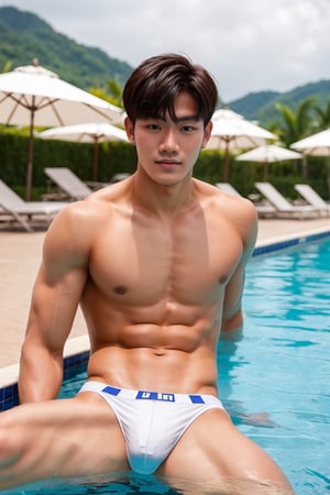 1boy, model face, black eyes, white skin, at the hotel pool,
Shirtless, thong ,Thai Idol, 21 years old