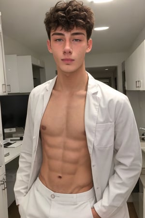 Full wide shot, 1boy, model face, black eyes, white skin, doctor clothes, Shirtless , 18 years old, model face ,photorealistic ,Hot guy