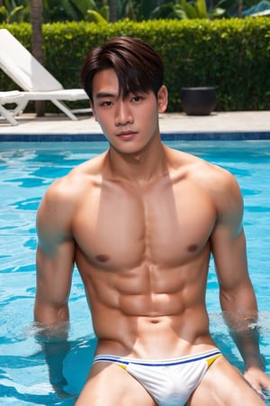 1boy, model face, black eyes, white skin, at the hotel pool,
Shirtless, thong ,Thai Idol, teenager