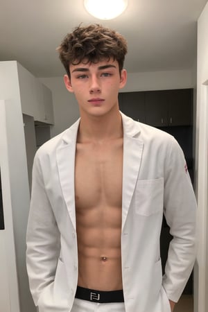 Full wide shot, 1boy, model face, black eyes, white skin, doctor clothes, Shirtless , 18 years old, model face ,photorealistic ,Hot guy