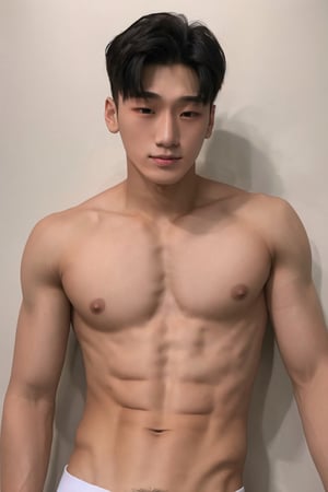 middle body shot, 1boy, model face, black eyes, twink body, Shirtless , 18 years old, model face ,photorealistic ,YOUNGMAN, Idol, younger body,Corean guy