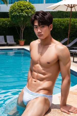 1boy, model face, black eyes, white skin, at the hotel pool,
Shirtless, thong ,Thai Idol, 17 years old, model face 