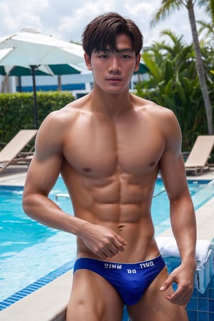 1boy, model face, black eyes, white skin, at the hotel pool,
Shirtless, thong ,Thai Idol