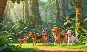 (side body:2), ((smile)), ((happy)), cute Dogs in waking,trees, jungle, pixar animation style,(side view body:2)