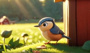 side camera,Small picture of cute a Nuthatch In a beautiful farm ,pixar animation style,Height photo,long shot view,unzoom view,backlight,