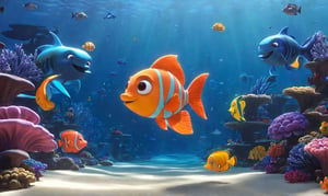 (side body:2), cute dolphin, pixar animation style,(side view body:2),was at the bottom of the sea with vivid and bright corals. toon, Pixar style