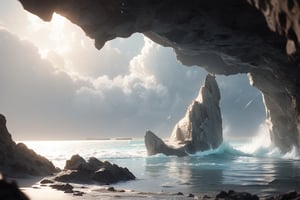 Generate an extremely realistic image of her in a coastal cave with a harsh climate. The stormy weather represents her perseverance and courage.