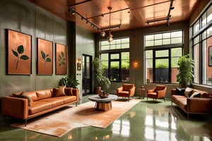 award-winning  professional architectural photography ,apricot and copper hues,metallic finishes,mixed materials,polished concrete  floors,warm neutrals,industrial chic elements,edison bulb lighting,modern sculptures,statement walls,French windows,green leavies on the ceilling,sleek furniture,hyperdetailed,8k,ff14bg,Xxmix_Catecat