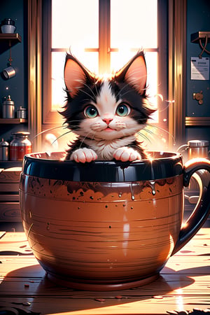 Masterpiece, beautiful details, perfect focus, high resolution, exquisite texture in every detail, tired looking cat, sitting on kitchen table, Hot Coffee mug beside. 
