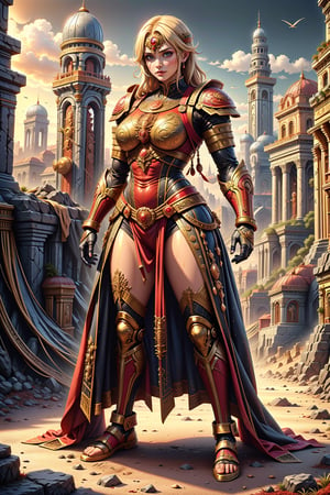 Masterpiece, Anime, beautiful details, perfect focus, uniform 8K wallpaper, high resolution, exquisite texture in every detail, 1 girl, solo, full body=(Whole_body), future crusade girl, epic Roman armor, epic Pose, Roman Futur City in background. 
