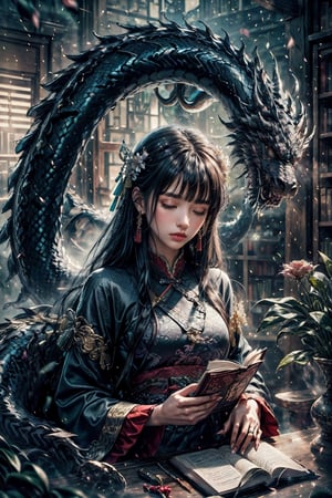 1girl, solo, long hair, bangs, black hair, hair ornament, sitting in libary, long sleeves, holding, jewelry, closed mouth, closed eyes, upper body, flower, earrings, book, chinese clothes, tassel, dragon, eastern dragon