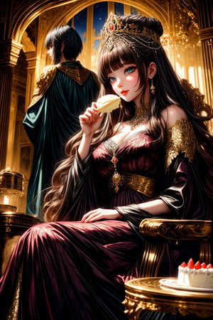 furina, Elegant appearance, sitting on throne eating a delicious cake, her face radiates satisfaction. Background in a royal hall luxuriously decorated with fantastic elements, at night with moonlight filtering in. Setting in a fantasy world where magic and reality intertwine. Anime image style with vibrant details and eye-catching colors, high resolution image quality with accurate details and realistic textures. Focal lighting that highlights Furina's figure and creates dramatic shadows. Medium shot composition that highlights Furina's face and the cake she is enjoying.

,