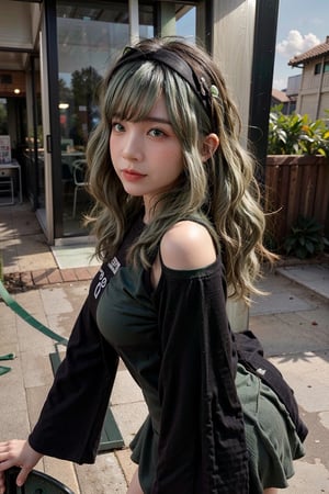 1girl, solo, long hair, breasts, looking at viewer, Mina face, slim face, model body, teenage skin, moist skin, outdoor, walking at beach, deformed Anime ,smirk, hair ribbon, hair ornament, hanfu green shirt, wide sleeves red skirt, long skirt, east asian architecture,((hair ribbon hair ornament,bun)),((Portrait)),maomao,((Dark green hair:1.4)), shangfu, jinshi,[[[freckles]]],Add more detail, perfect eyes,Extremely Realistic, smile